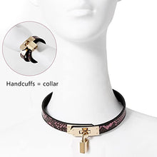 Load image into Gallery viewer, Snakeskin collar handcuffs leather toy with neck lock cosplay prop
