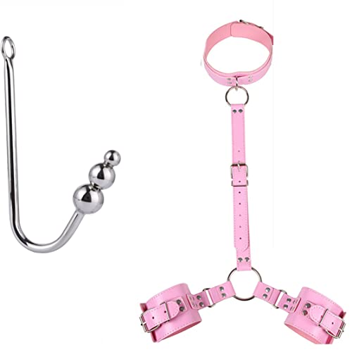 Couple Sex Game Tool Women's Sexy Bdsm Restraint Kit Back Handcuffs Collar SM Bondage Sets Anal hook (3-Style-Pink)