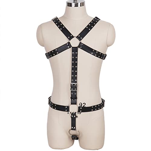 CAOMIAN Men Black Sexy Leather Vest Bondage Lingerie Gay Harness Adjustable Body Chest Harness Full Body BDSM Strap Belt Restraint Kit (Color : MH-078-Black)