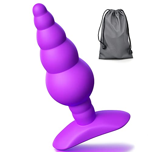 Anal Butt Plug Silicone Gradual Ribbed Anal Bead for Comfortable Long-Term Wear Prostate Massager Sex Toy with T-bar Base & Thin Neck for Men Women Purple TJIJP