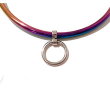 Load image into Gallery viewer, CuffStore 14&quot; Petite 6mm Rainbow Curved Stainless Steel Jewelry Bondage Collar with Single Ring BDSM Collar
