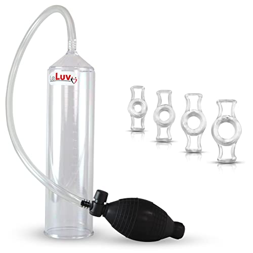 LeLuv Easyop 2.25 Inch by 9 Inch Cylinder Penis Pump Black Bgrip Ball Handle Clear Graduated Cylinder/Clear Collapse-Resistant Hose + 4 Constriction Rings