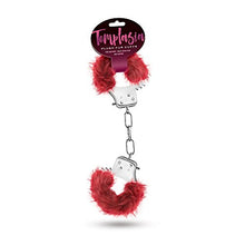 Load image into Gallery viewer, Temptasia by Blush - Burgundy Plush Faux Fur Metal Hand Cuffs Realistic - Double Lock Adjustable Wrist Restraints with Keys and Safety Release - Heavy Duty Fantasy Bondage BDSM Kinky Couples Sex Toy
