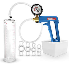 Load image into Gallery viewer, LeLuv Maxi Blue Men&#39;s Penis Pump Rubberized Vacuum Gauge Bundle with 4 Sizes of Constriction Rings 9 inch x 2.25 inch Cylinder
