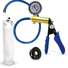 Load image into Gallery viewer, LeLuv Ultima Blue Premium Penis Pump Ergonomic Silicone Grip, Uncollapsable Hose + Gauge &amp; Cover TPR Sleeve 9&quot; x 2.00&quot; Diameter
