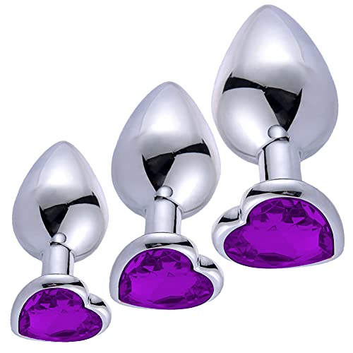 Anal Butt Plug Trainer Kit 3 PCS Metal Butt Plugs Heart Shaped Jewelry Anal Sex Trainer Toys Unisex Valentine's/Birthday Gift for Beginners Advanced Users (Deep Purple)