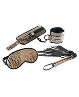 Spartacus Faux Leather Wrist Restraints Blindfold & Flogger Bondage Kit - Gold