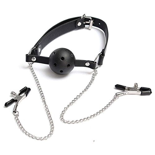 Mouth Ball Gag with Adjustable Nipple Clamps - Moonight Gag Open Mouth with Breast Nipple Clip with Chain - Black