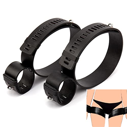 POMEES Leather BDSM Bondage Handcuff & Leg Cuffs Restraints Adjustable Wrist Thigh Locking Bound Belt Adult Game for Couples (Color : Black)