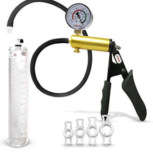 Load image into Gallery viewer, Vacuum Penis Pump Ergonomic Silicone Grip LeLuv Ultima Black with Gauge + 4 Cock Rings 9&quot; x 1.50&quot;
