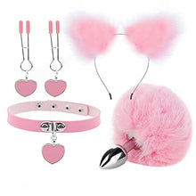 Load image into Gallery viewer, YOOJIA 4Pcs Adults Plush Cat Ears Headband Choker Nipple Clips Butt Plug Fur Tail Couples Stimulation Toys for Cosplay Party Pink B One Size
