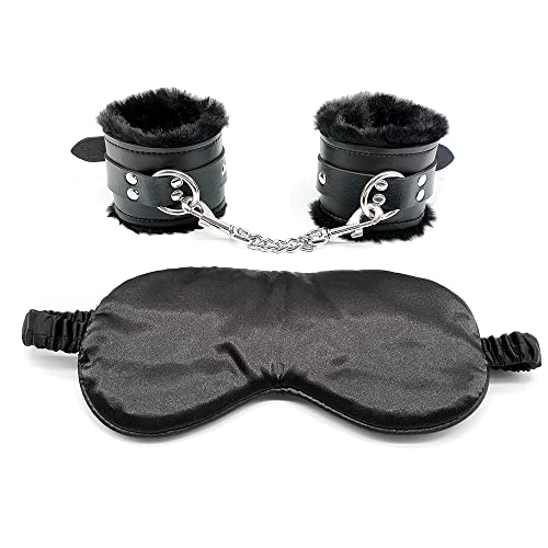 Soft Sleepy Blindfold with Fluffy Handcuffs-PU Leather Plush Handcuffs Set for Cosplay (Black with Plush)