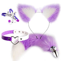 Women's Fetish Restraint BDSM Faux Fur Cat Ears Hair Anal Plug Tail Sex Toys for SM Cospaly Party Accessory (Purple)