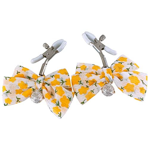 2Pcs Cute Floral Bow Nipple Clamps for Women Girls, Decorative Nipple Clamps Sexual Pleasure Nipple Clamps with Bells Nipple Toys Sex Toys Non Piercing (Yellow)