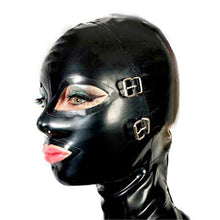 Load image into Gallery viewer, Black Latex Hood Mask with Removable Blindfold and Mouth Piece Gag Nose Nasal Tube Back Zipper Open Eyes Mouth Nose (with red teeth gag, with red nose tube, Medium, Black 1.0MM Thick)
