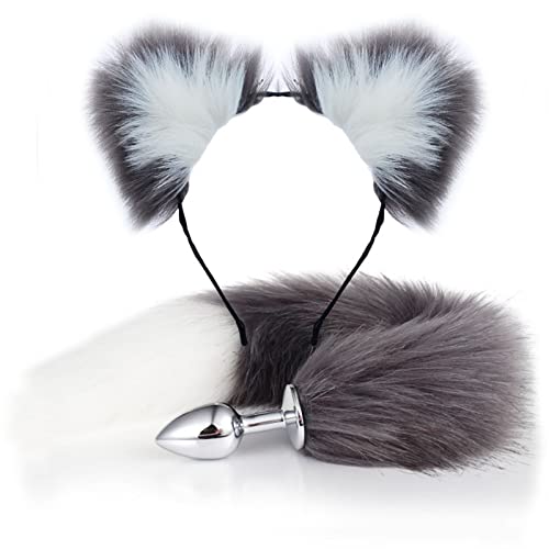 LSCZSLYH Fox Tail Anal Plug Cat Rabbit Ears Headbands Set Feather Anals Plug Anus Stimulate Adult Erotic Accessories (Color : Gary White Set)