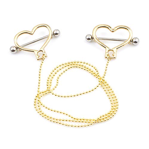 BodyJewelryOnline Heart Shaped Nipple Barbell [Gold IP], Includes Ball Chain [18 Length], Surgical Steel Shaft, Length: 14g (1.6mm), Hypoallergenic, Comfortable, Durable