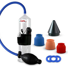 Load image into Gallery viewer, Bundle of 4 Items: Leluv Vibrating Easyop Bgrip Ball Handle Vacuum Pump with 3 Sleeves, Number 4 (.6 Inch) Slippery Blue Tension Ring and Easy Loader Cone
