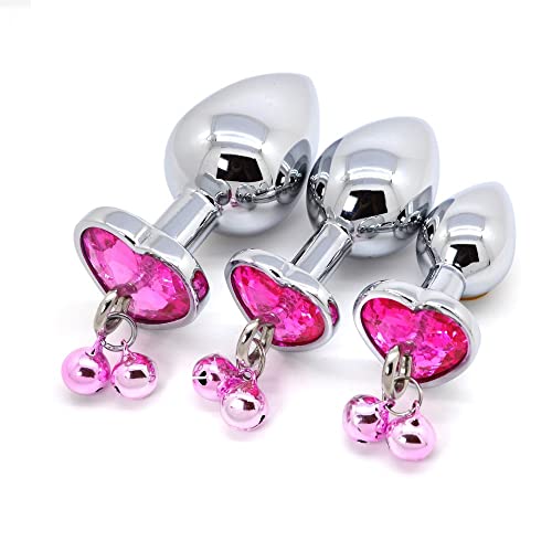 3 Pcs Anal Butt Plug Kit with Little Bells, Waterproof Stainless Steel Anus Dilator with Different Sizes, Adult Anal Trainer Sex Toys with Pink Heart Shaped Jewelry Base for Male Female,1.0 Count