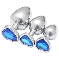 3Pcs Set Luxury Metal Butt Toys Heart Shaped Anal Trainer Jewel Butt Plug Kit S&M Adult Gay Anal Plugs Woman Men Sex Gifts Things for Beginners Couples Large/Medium/Small-Blue