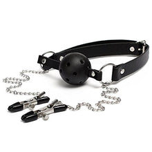 Load image into Gallery viewer, Mouth Ball Gag with Adjustable Nipple Clamps - Moonight Gag Open Mouth with Breast Nipple Clip with Chain - Black
