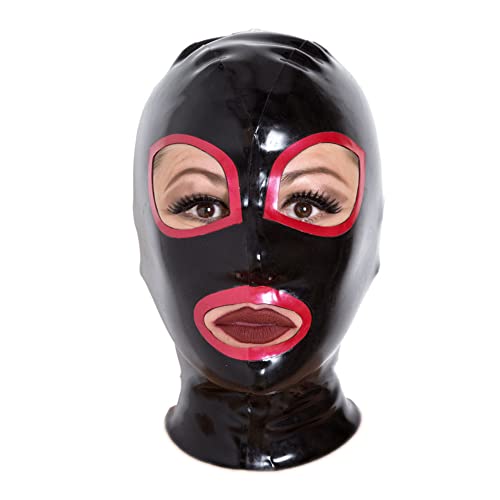 Yilen Latex Hood Mask Holiday Rubber Hoods with Red Trim eyes and lips Latex Mask (L, 0.6mm-zipper)