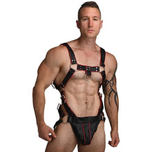 Load image into Gallery viewer, Master Series Heathen&#39;s Harness Male Body Harness for BDSM, Vegan Leather Body Harness Restraints with 2 inch Cock Ring. Large - X-Large, Black &amp; Red
