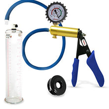 Load image into Gallery viewer, LeLuv Ultima Blue Premium Penis Pump Ergonomic Silicone Grip, Uncollapsable Hose + Gauge &amp; Cover TPR Sleeve 9&quot; x 2.125&quot; Diameter
