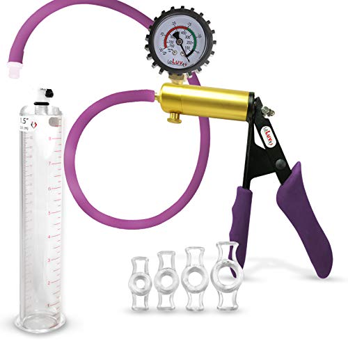 LeLuv Ultima Purple Premium Penis Pump with Ergonomic Grips and Silicone Hose + Gauge & Cover, 4 Cock Rings | 9