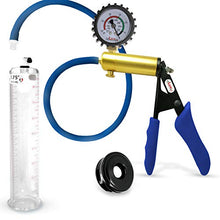 Load image into Gallery viewer, LeLuv Ultima Blue Premium Penis Pump Ergonomic Silicone Grip, Uncollapsable Hose + Gauge &amp; Cover TPR Sleeve 9&quot; x 1.75&quot; Diameter
