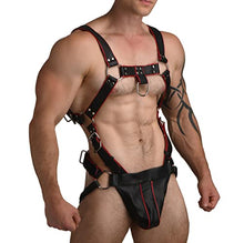 Load image into Gallery viewer, Master Series Heathen&#39;s Harness Male Body Harness for BDSM, Vegan Leather Body Harness Restraints with 2 inch Cock Ring. Large - X-Large, Black &amp; Red
