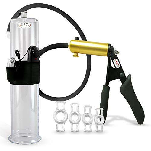 LeLuv Ultima Black Vibrating Vacuum Penis Pump Ergonomic Silicone Grip & Cylinder w/ 4 Cock Rings - 12