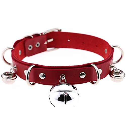 Ligirlsexy Collar Band Sexy Metal Bell Faux Leather Comfortable Neck Belt for Bedroom - Red