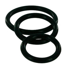 Load image into Gallery viewer, Cock Ring Silicone Male Erection Enhancement Stay Hard Set of 3 Cockrings Discreet Packaging - Black 2in, 1.75in, and 1.5in
