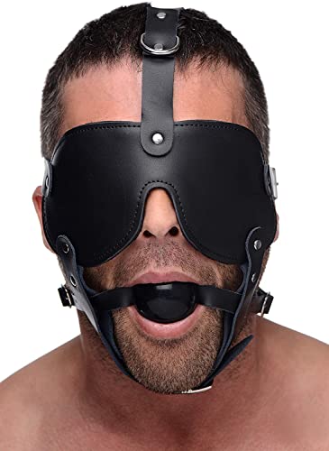 Leather Black Gag and Blindfold Head Harness Fetish Role Play Bondage BDSM (X-Large, Black)