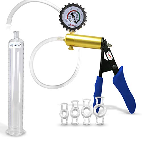 LeLuv Ultima Blue Penis Pump Ergonomic Silicone Grip + Gauge & Cover 4 Cock Rings 9