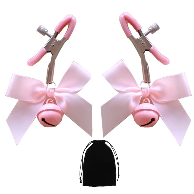 MONEYN 2 PCs Adjustable Nipple Clamps, Bow-Knot &Bells Nipple Clamps for Women, Nipple Jewelry Non Piercing, Nipple Clips for Own Use or Couple Flirting (Pink)