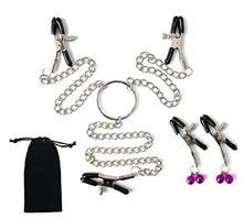 Load image into Gallery viewer, Non-Piercing Nipple Clamps Clips with Chain and 2 Bells, Women&#39;s Sex Toys with 3 Heads Pressure Adjustable for Sex Pleasure Silver
