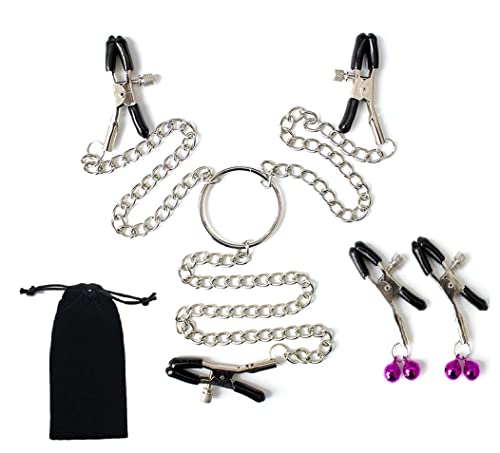 Non-Piercing Nipple Clamps Clips with Chain and 2 Bells, Women's Sex Toys with 3 Heads Pressure Adjustable for Sex Pleasure Silver