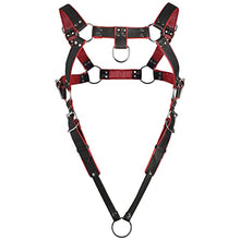 Load image into Gallery viewer, Master Series Heathen&#39;s Harness Male Body Harness for BDSM, Vegan Leather Body Harness Restraints with 2 inch Cock Ring. Large - X-Large, Black &amp; Red
