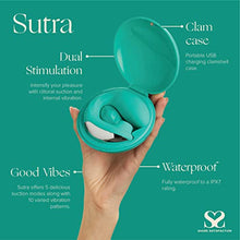 Load image into Gallery viewer, Share Satisfaction Sutra - Dual Stimulation Vibrator with Suction, 5 Suction Modes, 10 Vibration Patterns, Moveable Arm to fit Your Body, Travel Lock Case, Waterproof, USB Rechargeable - Teal
