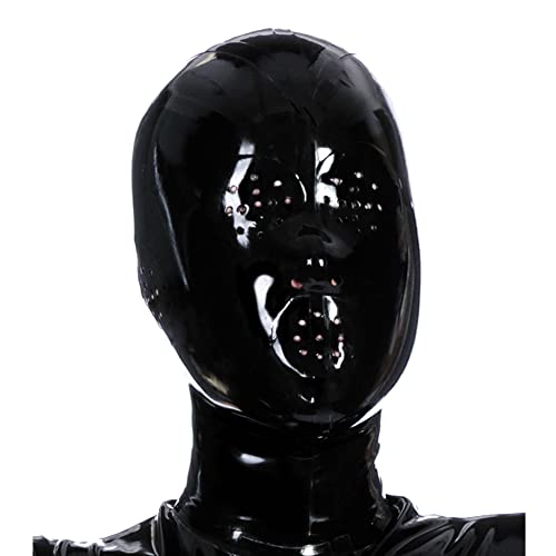 Latex Hood Mask Black Rubber Seamless Hood with Perforated Eyes Mouth Ears Zipped Mosquito Hood (XL, Black-0.4mm)