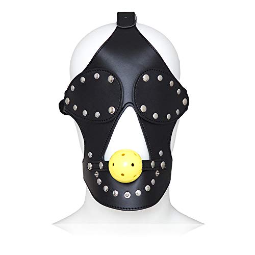 Black Leather Blindfolded Mask Wearing Yellow Hollow Hollow Water Ball Pullover Game Mask