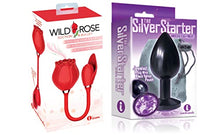 Load image into Gallery viewer, Sexy, Kinky Gift Set Bundle of Wild Rose and Bullet and Icon Brands The Silver Starter, Bejeweled Annodized Stainless Steel Plug, Violet

