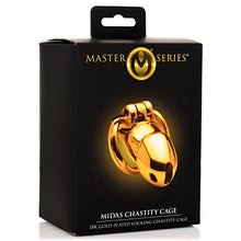 Load image into Gallery viewer, MASTER SERIES Midas 18K Gold-Plated Locking Chastity Cage for Men, and Couples. Gold Plated Cage with Two Graduated Rings &amp; 2 Keys, Perfect for Chastity Play. 5 Piece Set, Gold.
