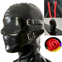 Black Latex Hood Mask with Removable Blindfold and Mouth Piece Gag Nose Nasal Tube Back Zipper Open Eyes Mouth Nose (with red teeth gag, with red nose tube, XX-Large, Black 1.0MM Thick)