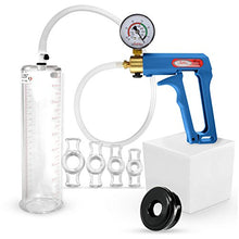 Load image into Gallery viewer, LeLuv Maxi Blue Plus Vacuum Gauge Penis Pump Bundle with Soft Black TPR Seal &amp; 4 Sizes of Constriction Rings 9 inch x 2.25 inch Cylinder
