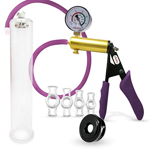 LeLuv Ultima Purple Premium Penis Pump with Ergonomic Grips and Silicone Hose, Gauge + Sleeve & Cock Rings | 12