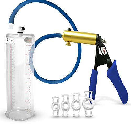 LeLuv Ultima Blue Premium Penis Pump Ergonomic Silicone Grip, Uncollapsable Hose & Cylinder w/ 4 Cock Rings - 9