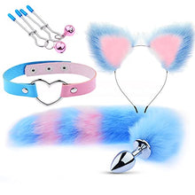 Load image into Gallery viewer, Fox Tail Anal Plugs with Collar Nipple Clips, Fox Ears Hair Band, Adult Toys Cosplay Set (Pink and Blue)
